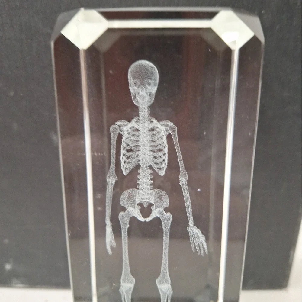 Crystal Paperweight Holographic Skeleton 3D Laser Etched Halloween Vintage 4.75